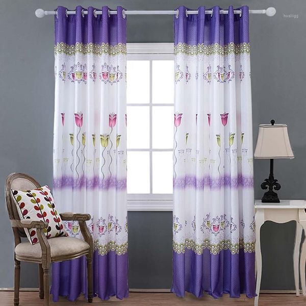 

2pcs/set elegant purple tulip printing window curtains balcony bedroom half blackout polyester fabric decor home window curtain1
