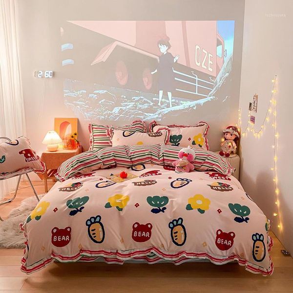 

4pcs cartoon bedding set printed bed linens flat sheet princess bedspread bed cover duvet cover set king  size1