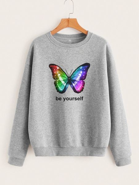 

slogan & butterfly print drop shoulder thermal pullover o9l4#, White;black