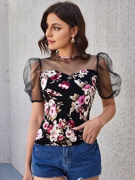 

allover floral print contrast mesh u47q#, White