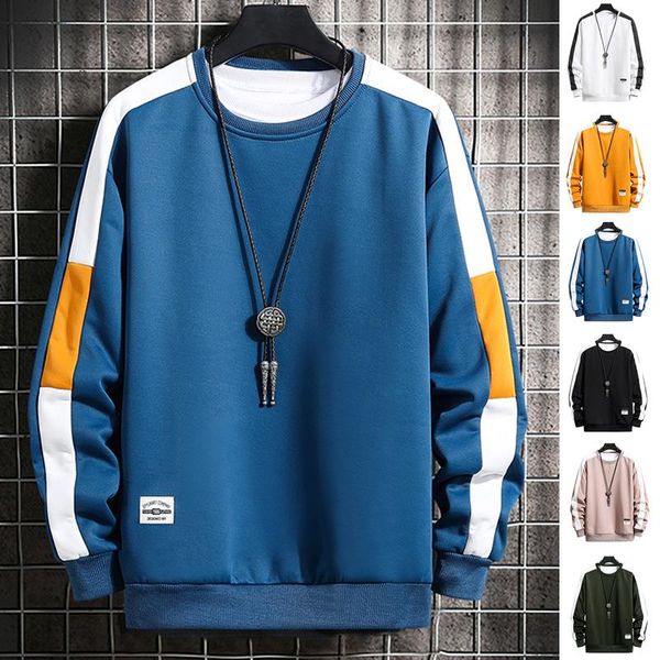 

long sleeve harajuku sweatshirts men 2021 new fashion 6 color hoodie mens casual o-neck patchwork sweatshirt for young men, Black