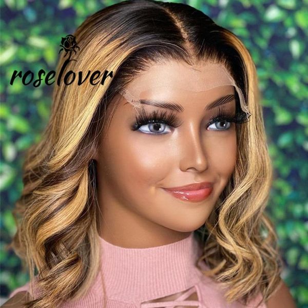 

lace wigs highlight short wavy bob wig ombre brown honey blonde front closure colored full frontal human hair 4x4, Black;brown