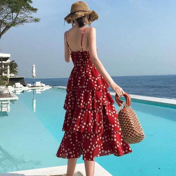 

fresh wind 2019 gentle new small sling women's summer pp home long skirt wave point cake v-neck dress, Black;gray