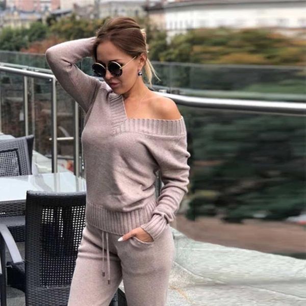 

women's tracksuits fashion autumn winter woolen and cashmere knitted suit v neck sweater women tracksuit hoodies two-piece set knit, Gray