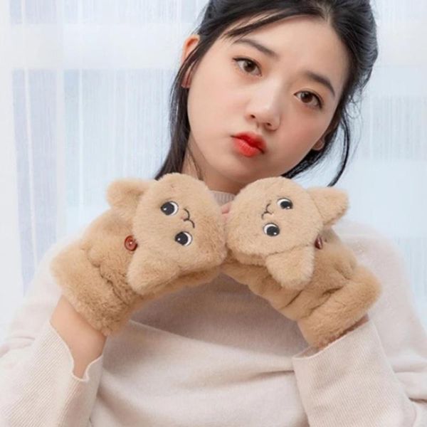 

winter warm soft mittens women flip half finger driving gloves plush cute cat touch screen fashion girls gloves, Blue;gray