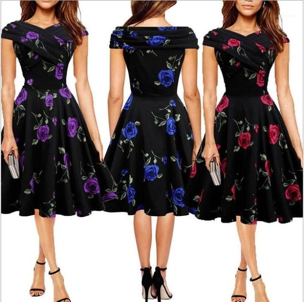 

new fashion off should slash elegant floral print black dress summer a-line waist draped keen-length vintage vestidos 3xl1, Black;gray