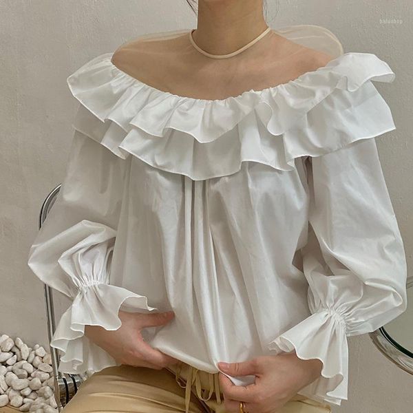 

new womens mesh patchwork shirt lady long flare sleeve ruffles blouse and sweet casual1, White