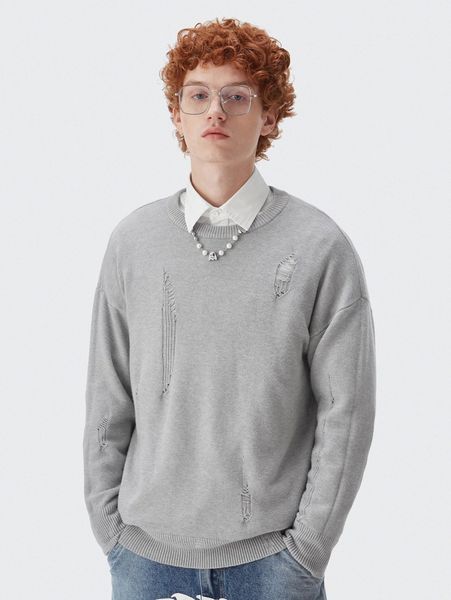 

men solid drop shoulder ripped sweater u3v5#, White;black