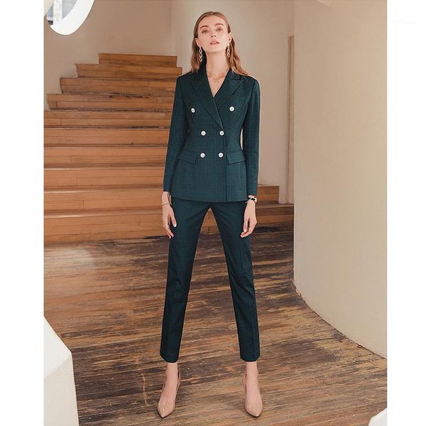 

ewy fashion professional suit dark green plaid suit blazer women short business retro president1, White