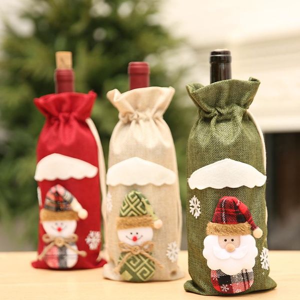 

merry christmas red wine bottle covers bag santa clause snowman linen champagne bottle party home decor table gift
