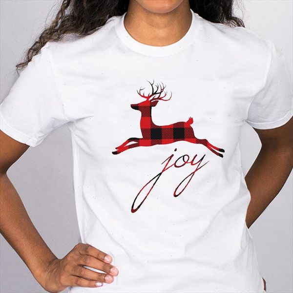 

women graphic plaid deer short sleeve cartoon 90s holiday merry christmas tees clothes print lady female t shirt t shirt, White