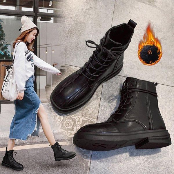

flat heel lace up lady boots brand women's shoes boots-women round toe winter footwear fashion rubber rock med 2021 autumn1, Black