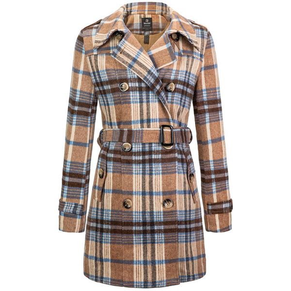 

wantdo women winter trench jacket double breasted pea coat with belt 1031, Tan;black