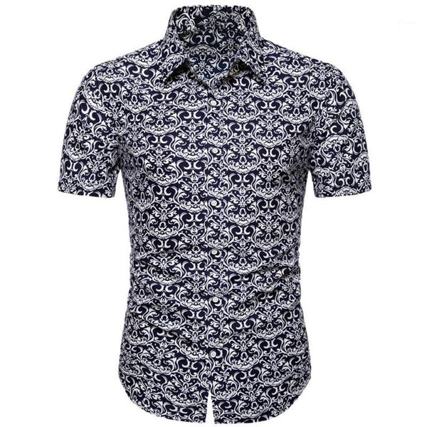 

navy men's summer summer slim loose hawaii short sleeve turn-down collar broadcloth printing loose holiday 2020 men's shirt1, White;black