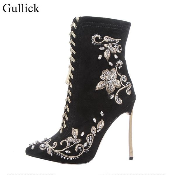 

winter botas mujer кристалл шпилька вышитых цветочные пинетки metal blade каблуки mid-теленок сапоги женщина острого нос черного suede загру, Black