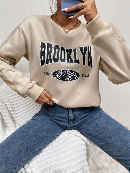

mountain & letter graphic drop shoulder sweatshirt 31kv#, White;black