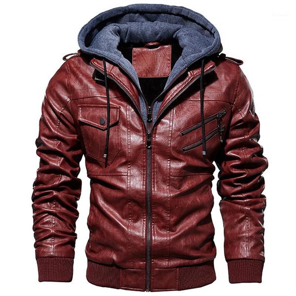

new pu leather jacket men autumn winter casual hat detachable coats jaqueta couro male windproof moto biker faux leather jackets1, Black