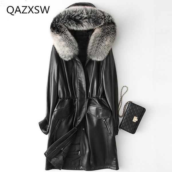 

2018 new women's winter genuine leather outer leather down jacket long sheep pie to overcome thick warm coat le1651, Black