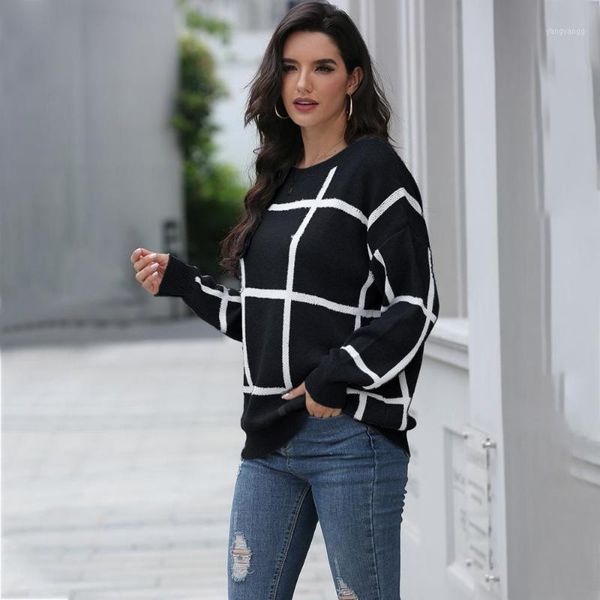 

fashion women autumn streetwear sweaters o neck casual loose pullover knitwear female plaid women outerwear sweaters1, White;black