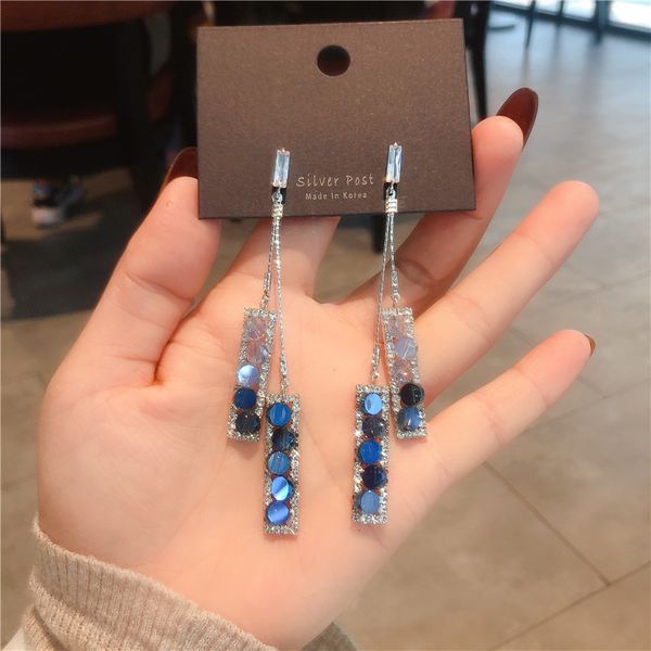 

s925 silver needle korean heavy industry color contrast crystal earrings geometric hollow long earline fashion temperament