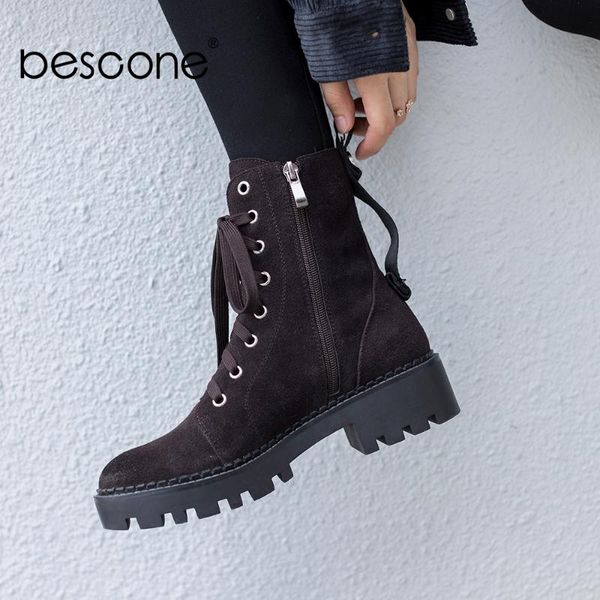 

bescone stylish ladies boots winter solid handmade 4.5 cm med heel shoes casual basic round toe square heel women boots bo297, Black