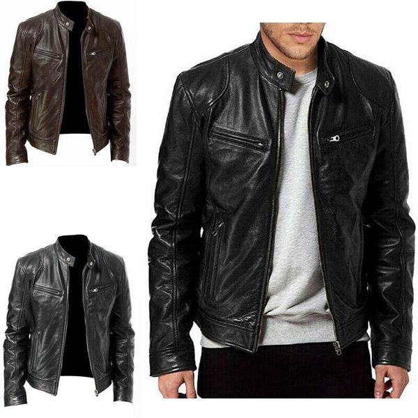 

warm winter men's leather jacket long sleeve trench coat motorcycle punk outwear zipper stand collar fit outwear trendy, Black;brown