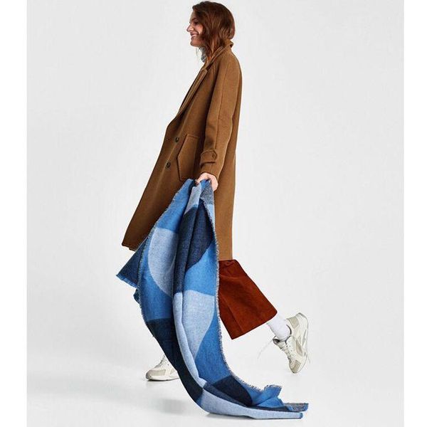 

scarves style cashmere in autumn and winter europe america. blue geometry color matching shawl. couple's warm scarf, Blue;gray