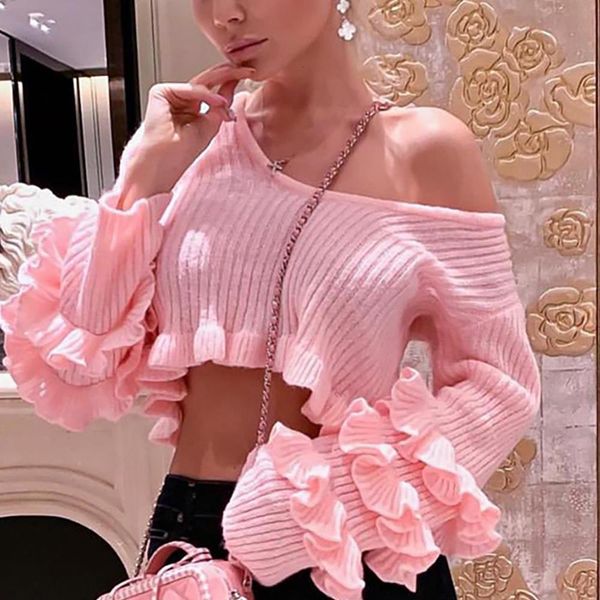 

flat knitted missord 2021 autumn and winter off shoulder ruffles knitted sweater women solid color lovely sweater mq19615, White;black