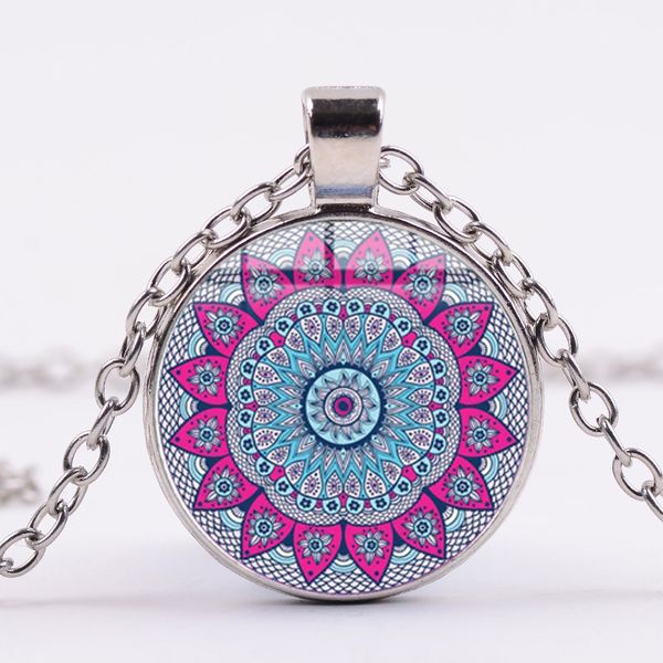 

charm blue pink mandala necklace geometric flower of life om yoga spirital pendant crystal women lucky jewelry multistyle, Silver