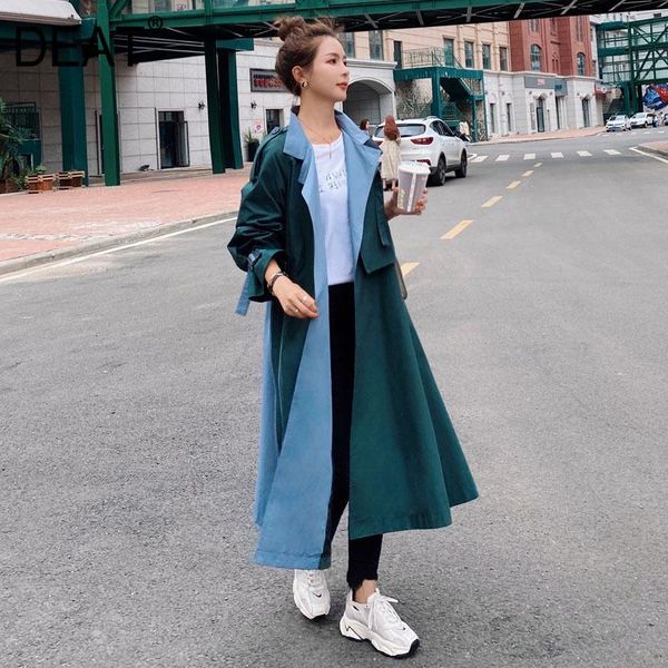 

deat] hit color light blue trench coat women thin with lined loose causal full sleeve lapel slim 2020 new autumn fashion tu176, Tan;black