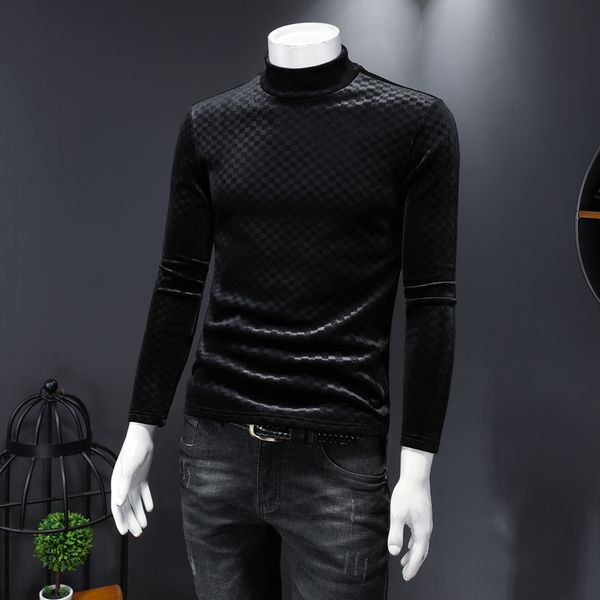 

men's autumn long-sleeved gold plus velvet winter velvet shirt warm thickening shirt bottoming size plaid dark pattern plus and trend f, Black