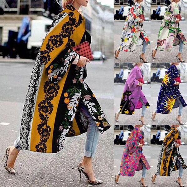 

women's wool & blends women printed pocket jacket outerwear 2021 retro cardigan overcoat fashion long trench winter lengthen coat plus, Black