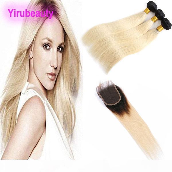

indian unprocessed human hair 3 bundles with 4x4 lace closure baby hair wefts with closure 1b 613# blonde two tones, Black;brown