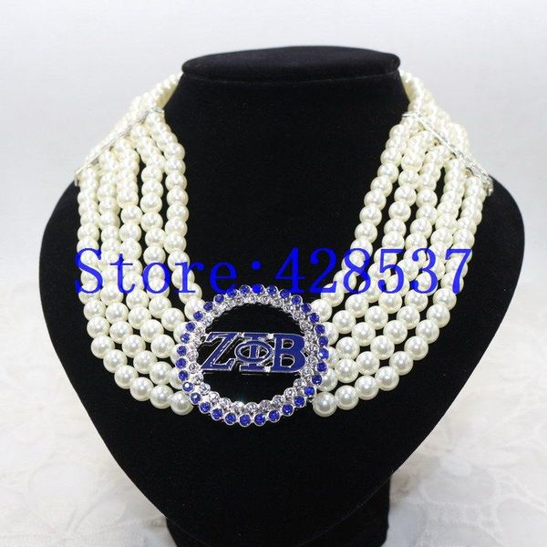 

greece greek sorority zeta phi beta symbol royal blue white crystal pearl jewelry multilayered choker necklaces, Golden;silver