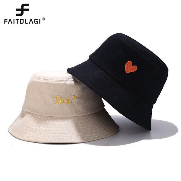 

wide brim hats embroidered week letter heart women fisherman cap foldable cotton girls bucket hat outdoor sunscreen female sun, Blue;gray