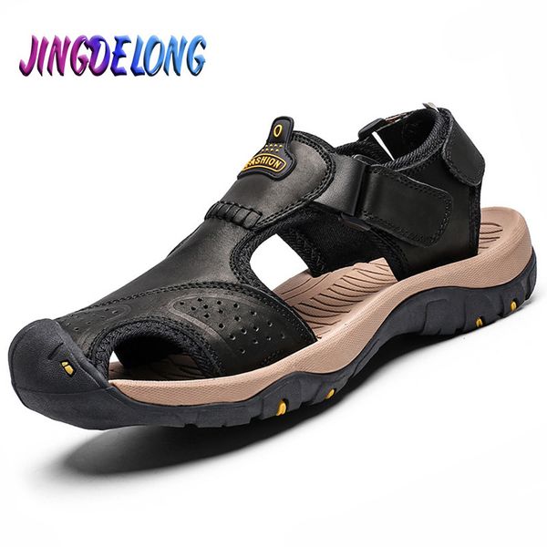 

classic summer men sandals genuine leather male outdoor beach slippers roman design comfortable breathable men's beach sandals t200420, Black
