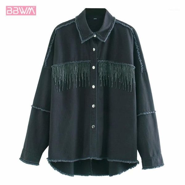 

lapel fringed single-breasted chic women's jacket harajuku korean fashion denim with loose edges female coat 1, Black;brown