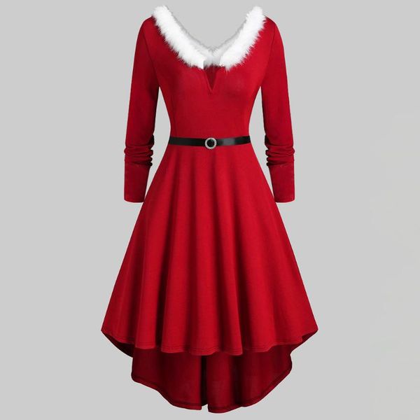 

casual women christmas dress plus size women christmas patchwork faux fur panel long sleeve asymmetric dress clothes, Black;gray