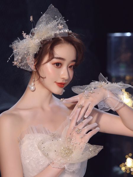 

mengyao bride fashion sequins silk beaded hairpin pearl hair band set headdress crystal earrings glove jewelry, Silver