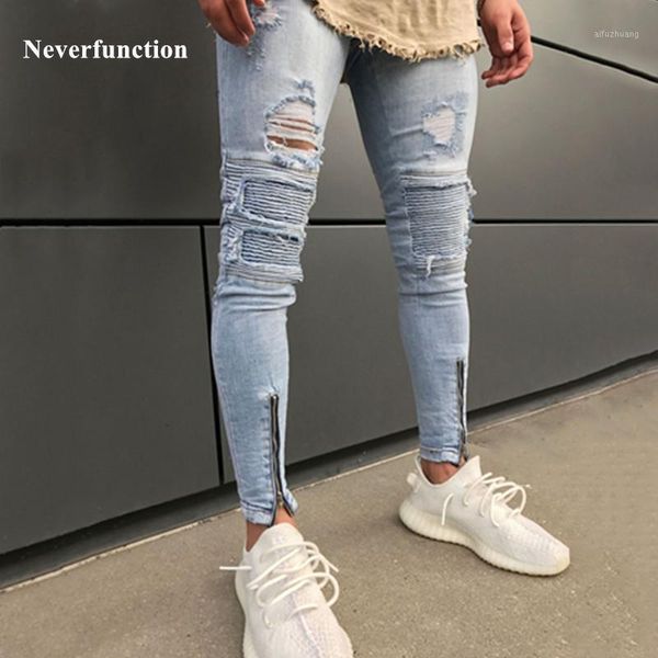 

neverfunction fashion knee holes men biker jeans ripped hem zipper skinny destroyed hip hop men denim pants joggers trousers1, Blue