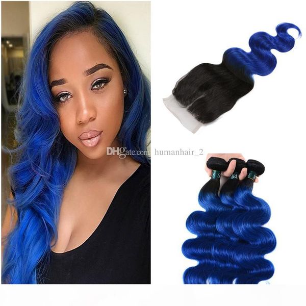 

two tone human hair weaves with lace closure blue ombre body wave lace closure with bundles peruvian virgin hair 4pcs lot, Black;brown