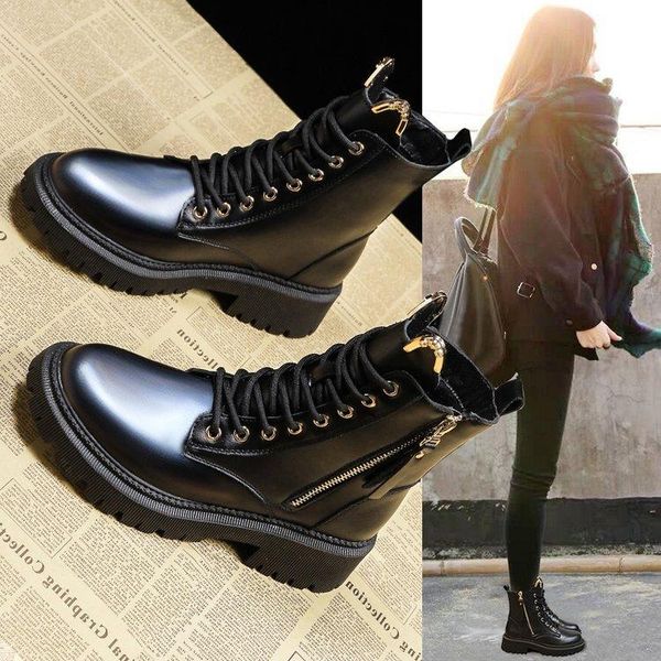 

boots fashion british women's plush round head square heel in autumn and winter women wedges, Black
