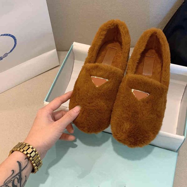 

dress shoes chain winter autumn warm fur women flat ladies slip-on solid color triangular metal decoration snow shoe woman indoor causal hom, Black