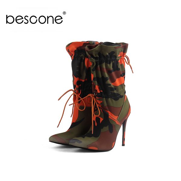 

bescone boots women handmade camouflage pointed toe printing thin heels microfiber shoes women basic lace-up mid-calf boots h7, Black