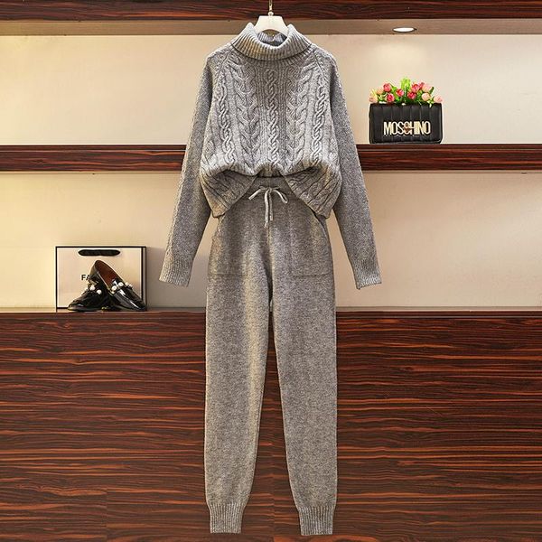 

4xl autumn winter 2 piece set women knitted suit warm turtleneck sweater pullover pants suit pocket tracksuit f998, Gray
