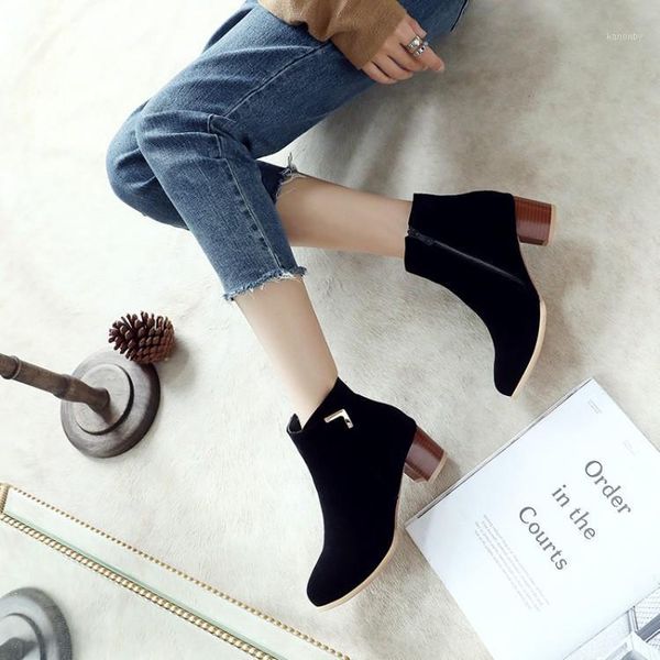 

boots big size 11 12 13 14 15 metal decorative fashion with medium-heel short cylinder and round-head square-heel side zipper1, Black