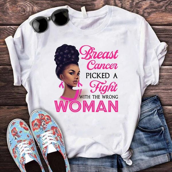 

fight breast cancer black queen girl print magic t shirt women fashion dope educated melanin shirt summer female clothes, White