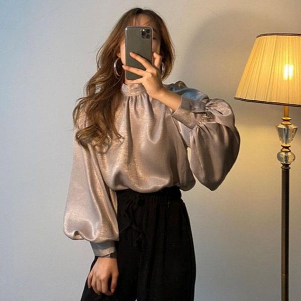 

2020 autumn korean niche temperament ladies style small stand-up collar retro lantern sleeve long sleeve shirt women gx1245, White