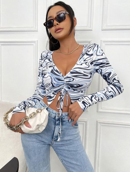 

marble print drawstring asymmetrical hem crop w58y#, White