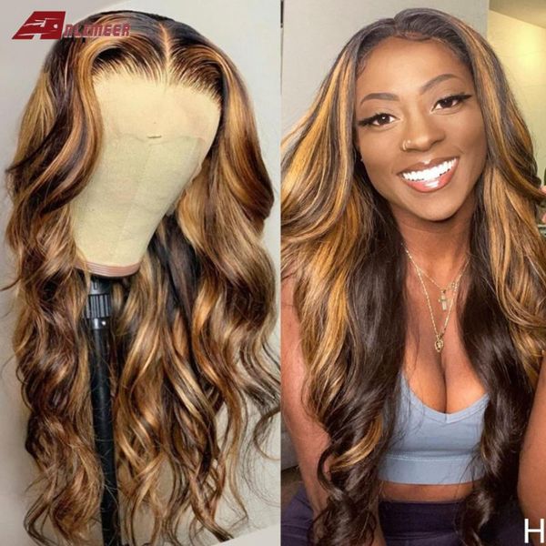 

lace wigs highlight body wave t-part front human hair 150% density 13x6x1 deep part mix color honey blonde brown, Black;brown